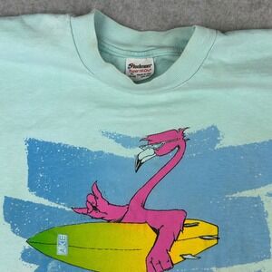 Vtg Stedman AKE Surfwear Flamingo Graphic‎ T-Shirt XL Aqua Blue 90s Surf